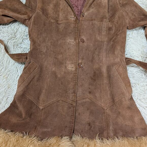 Vintage Brown Suede Coat Penny Lane Jacket Leather Trench Fur Coat Afghan Small - Picture 12 of 15